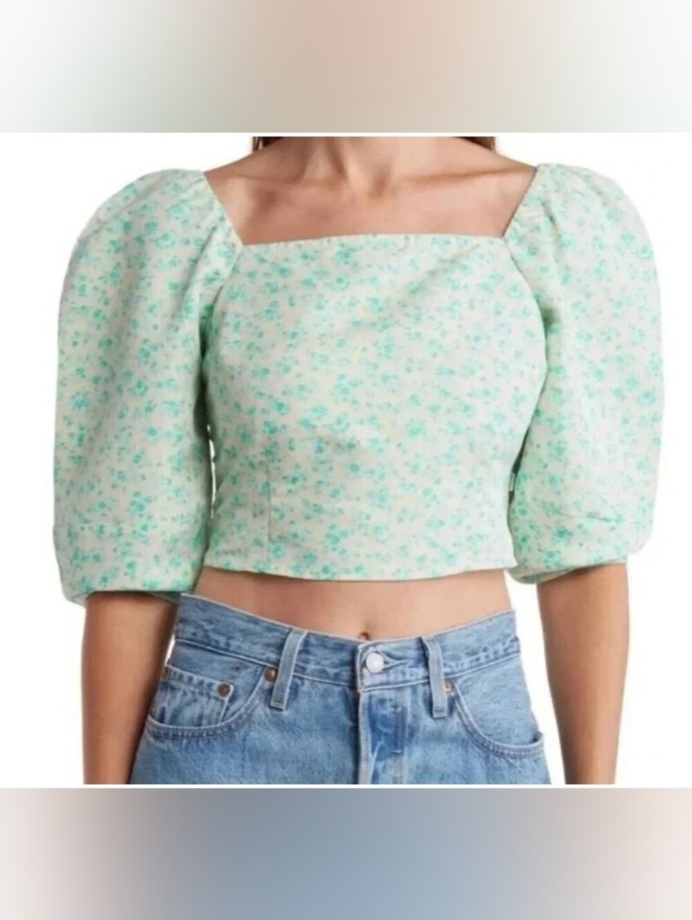 Levis Yvie Puff-Sleeve Crop Top Blouse Green Floral Pattern Size M EUC